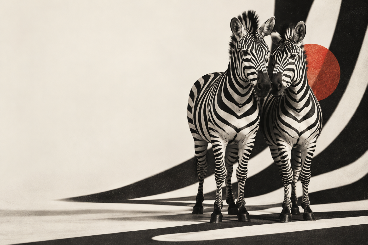 Two zebras standing shoulder to shoulder against sculptural black and cream stripes